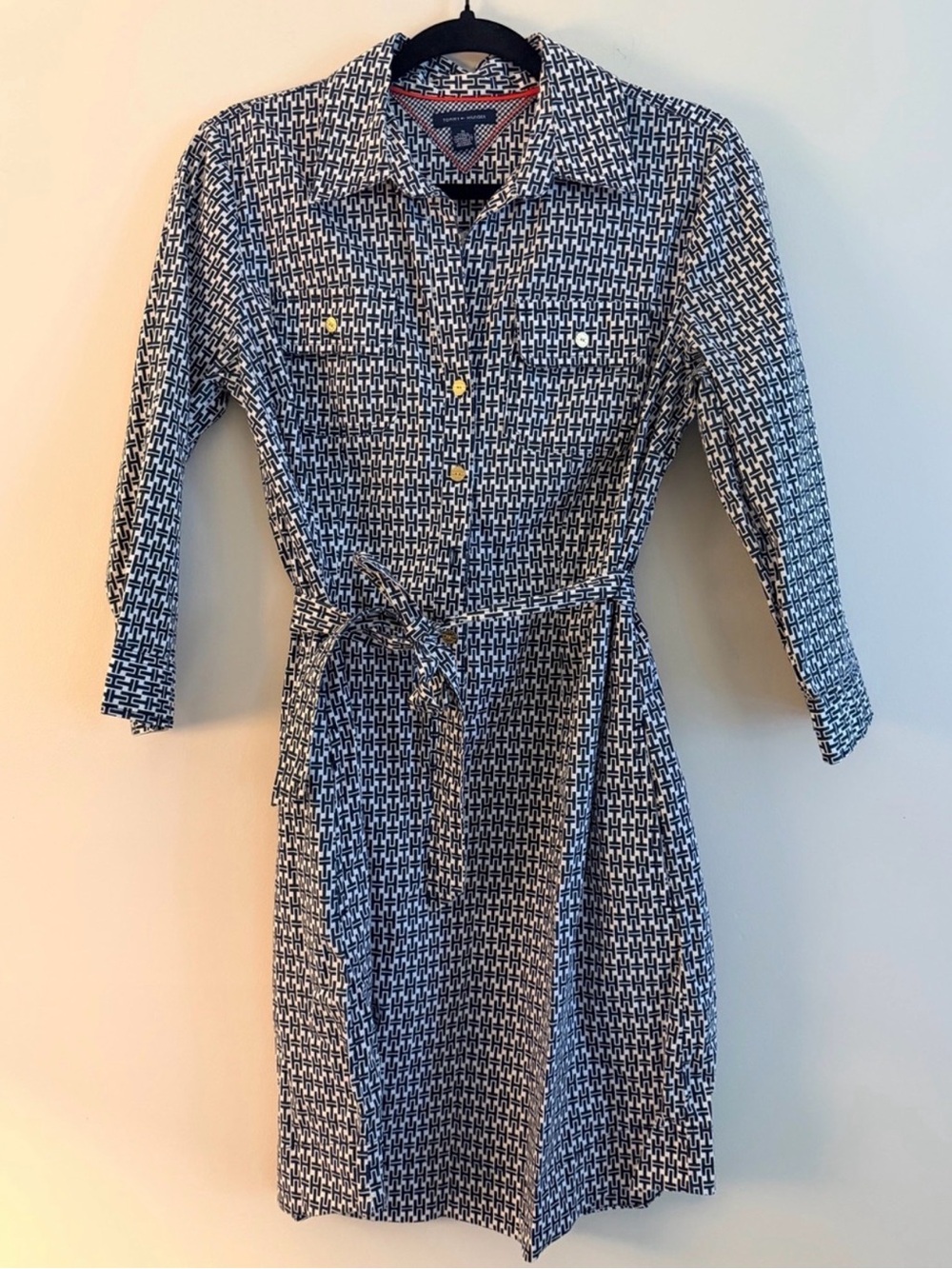 Tommy Hilfiger Navy and White Long-Sleeve Shirt Dress w/Pockets